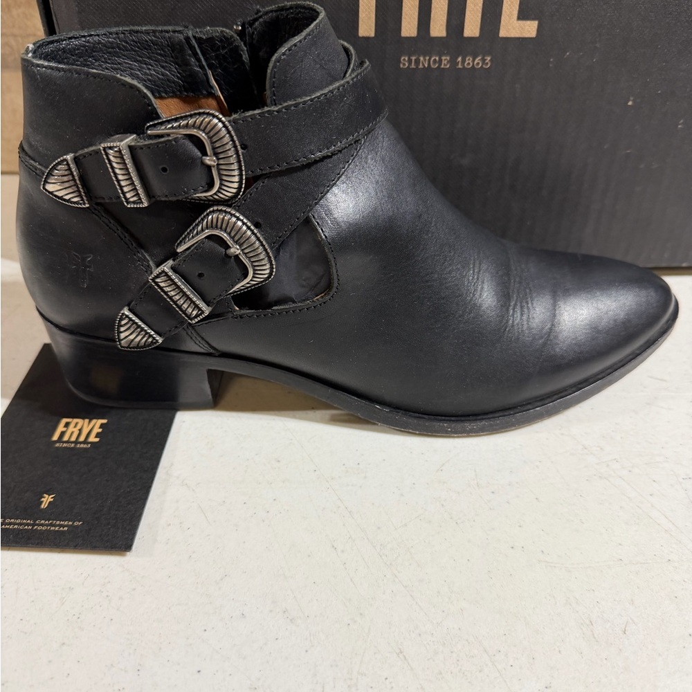 Frye Black Leather Ankle Booties with Buckle Detail